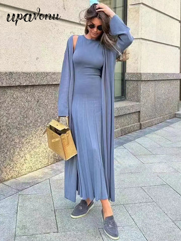 2024 Elegant Women'S Knitted Sweater Dresses Sets With Cardigan Long Jacket+Bodycon Pleated Long Knitted Dress Two-Piece Set