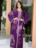 Abaya Women Dubai Retro Ethnic Printing Diamonds V-Neck Full Sleeve Clothing Loose Casual Muslim Arab Female Long Dress Purple Dress