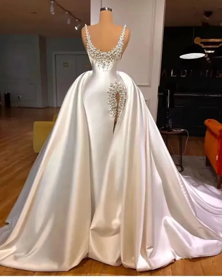 Luxury Beads Mermaid Pearls Bridal Gown with Detachable Train Side Split Wedding Dresses For Women Custom Made Vestido De Novia Ivory