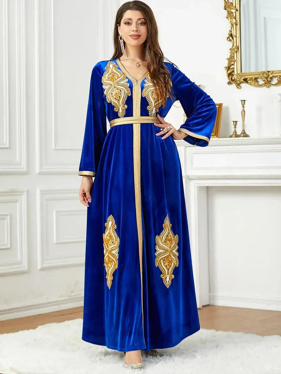 Dubai Autumn Winter Party Velvet Dress Arab Muslim Woman Oriental Gown Shiny Blue Beading Appliques Belted Abaya