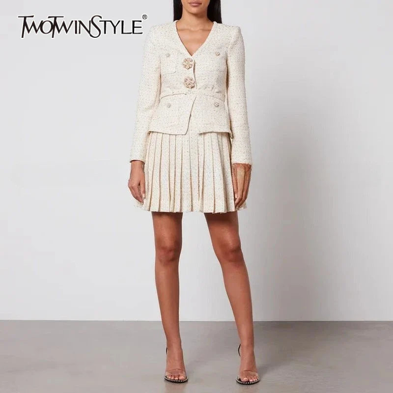 Solid Slimming Two Piece Sets for Women V Neck Long Sleeevs Spliced Button Top High Waist Pleated Skirts Set Female