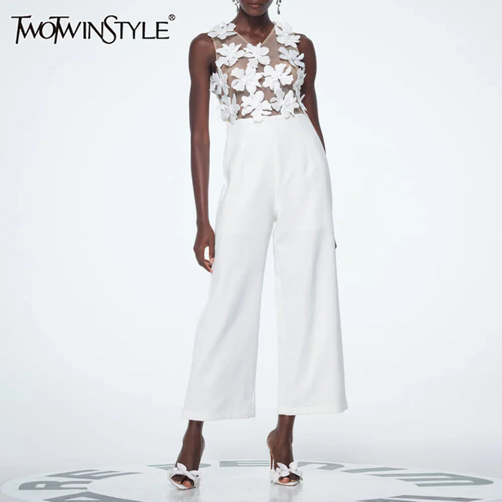 Solid Slimming Spliced Appliques Jumpsuits for Women V Neck Sleeveless High Waist Elegant Jumpsuit Female Fashion