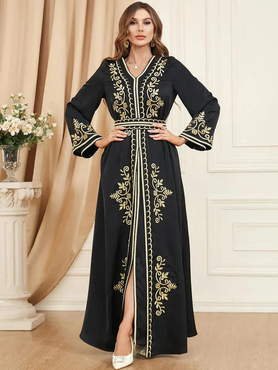 Fashion Ethnic Muslim Woman Abaya 2 Piece Set Moroccan Caftan Solid Embroidery Full Sleeve V-Neck Sashes Turkish Robe