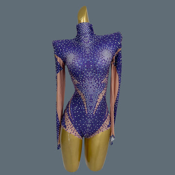 Fancy Rhinestone Purple Bodysuit Party Bar Show Perfprmance Costume Sensual Curves Shine Bodysuit Black Girls Club Wear Shandian