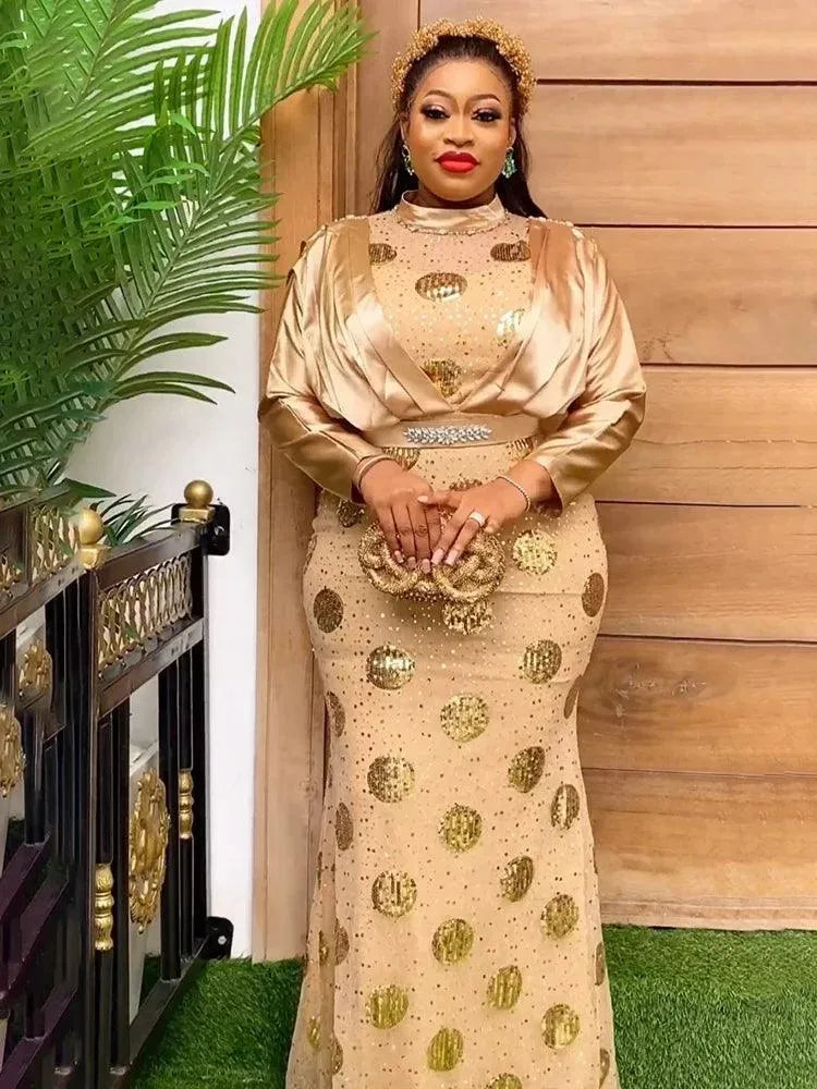 Party Evening Dress African Women Gold Sequin High Waist Dresses Autumn Winter Long Sleeve Wedding Clothes Plus Size