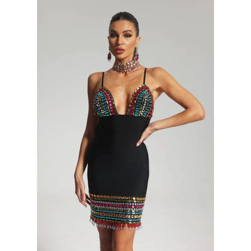 STOCK Colorful Diamonds Sexy V-Neck Spaghetti Strap Mini Bandage Dress Fashion Woman Evening Dress Holiday Vocation Vestido