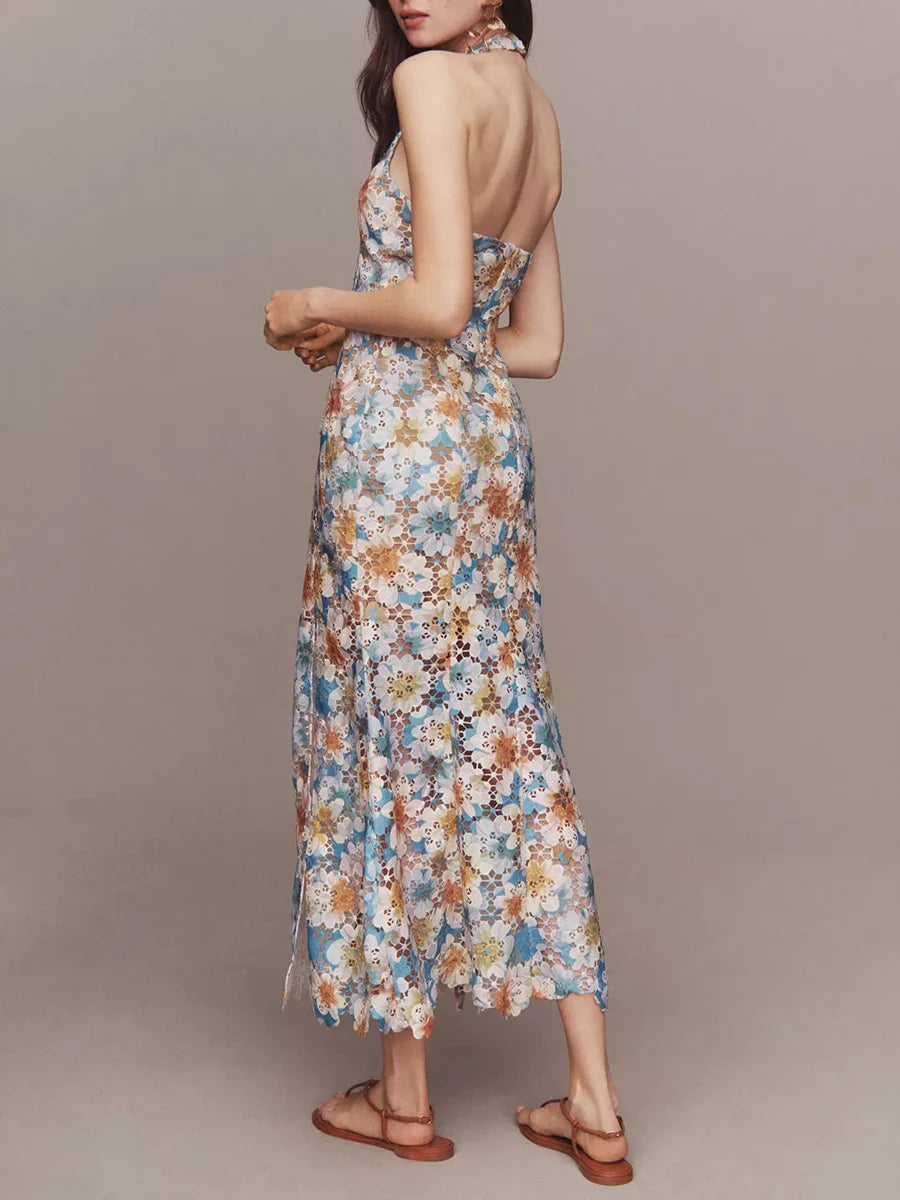 Colorblock Hollow Out Spliced Printing Elegant Dresses for Women Halter Neck Sleeveless Split Dress Female Fashion
