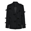 Solid Slimming Spliced Bead Feather Blazers for Women Lapel Long Sleeves Patchwork Button Blazer Female Fashion New BLACK