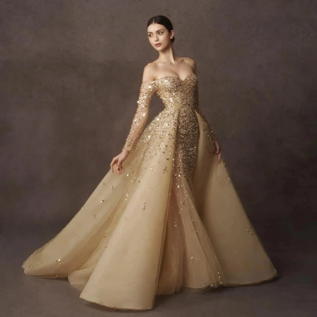 Luxury Dubai Champagne Gold Mermaid Evening Dress with Detachable Overskirt Off Shoulder Arabic Wedding Party Evening Dress