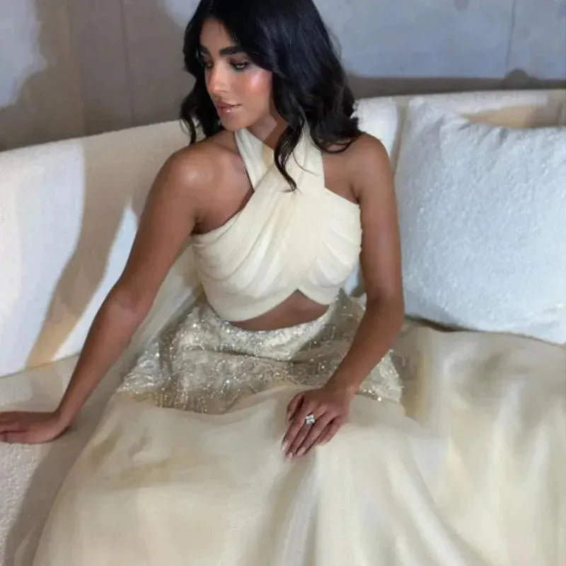 Aleeshuo Exquisite Saudi Arabic Tulle Evening Dress Halter A-Line Sleeveless Beading Sequined Prom Party Gowns Occasion Dress Ivory 22W