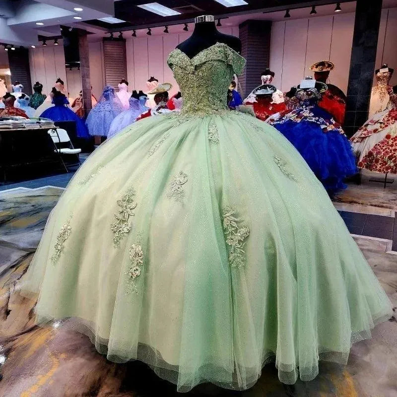 Quince Dress | Glittering Sage Green Quinceanera Dress Off-Shoulder Beading Lace Appliques Vestidos De 15 Anos Princess Party Prom sage green