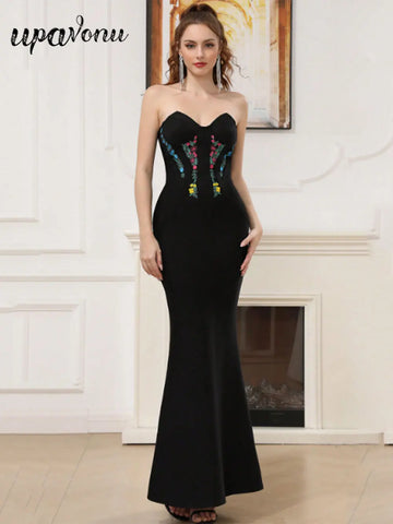 2025 Elegant Women's 3D Decorative Fishtail Bandage Dress Strapless Sleeveless Bodycon Backless Long Dress Dinner Party Vestidos