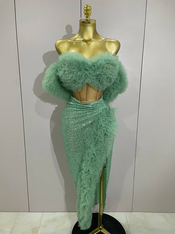 Shiny Sequins Top Short Skirt Two Pieces Set  Women Sexy Celebrate Evening Prom Birthday Party Dress Nightclub Stage Outfit