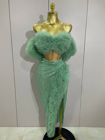 Shiny Sequins Top Short Skirt Two Pieces Set 2025 Women Sexy Celebrate Evening Prom Birthday Party Dress Nightclub Stage Outfit