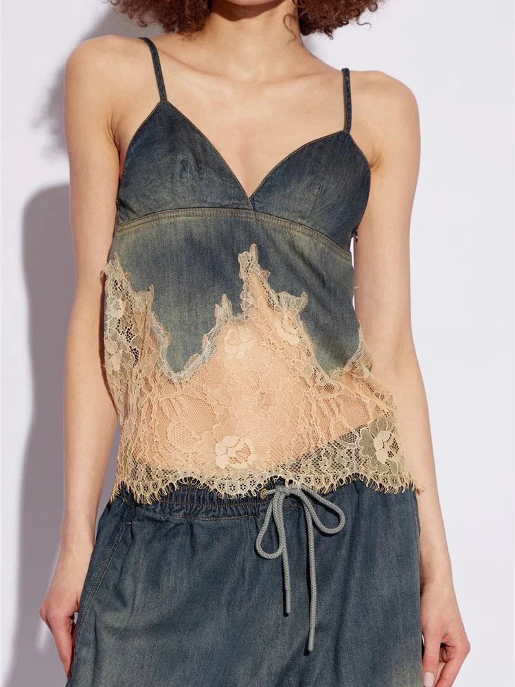 Spliced Lace Denim Two Piece Set For Women V Neck Sleevelss Top High Waist Knee Length Pant Streetwear Sets Female