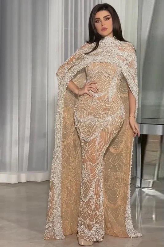 Luxury Pearls Dubai Champagne Evening Dresses with Cape Arabic Women Mermaid Wedding Party Prom Dress Evening Dress