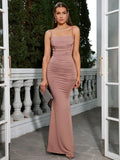 Elegant Dresses for Women Almond Corset Maxi Dress Draped Evening Night Party Dresses Bodycon Sexy Backless Dress with Fishbone mauvy nude