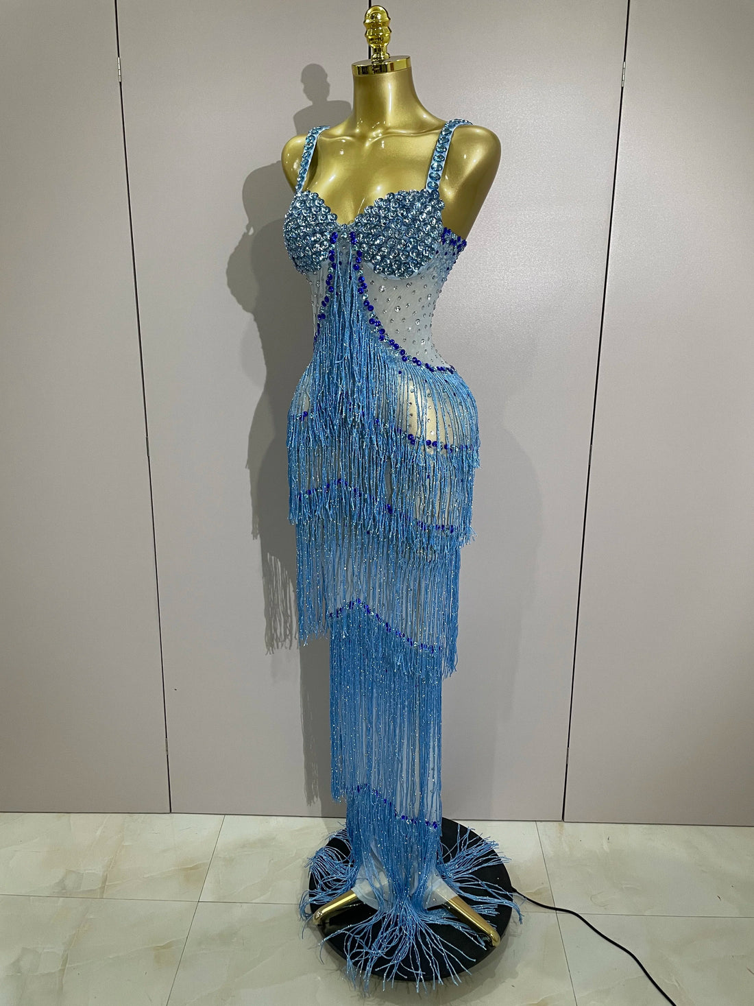 2025 Sparkly Rhinestones Tassel sexy Mesh Slip Long Dress Women Celebrate Evening Prom Birthday paty Dress Photoshoot Stage Wear