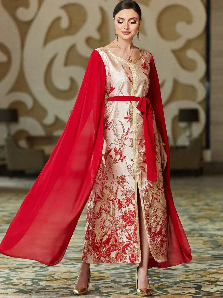Fashion Dubai Royal Caftan Women Chic Printing Super Full Sleeves V-Neck Belted Clothing Evening Long Dresses Elegant