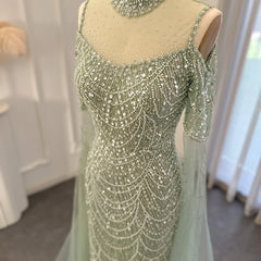 Sage Green Mermaid Luxury Dubai Evening Dress with Cape Sleeves Elegant Women Purple Wedding Formal Party Gown