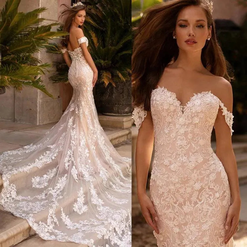 Sexy Mermaid Lace Wedding Dresses Sweetheart Off The Shoulder Bride Gowns With Train Backless Button Robe De Mariée ivory