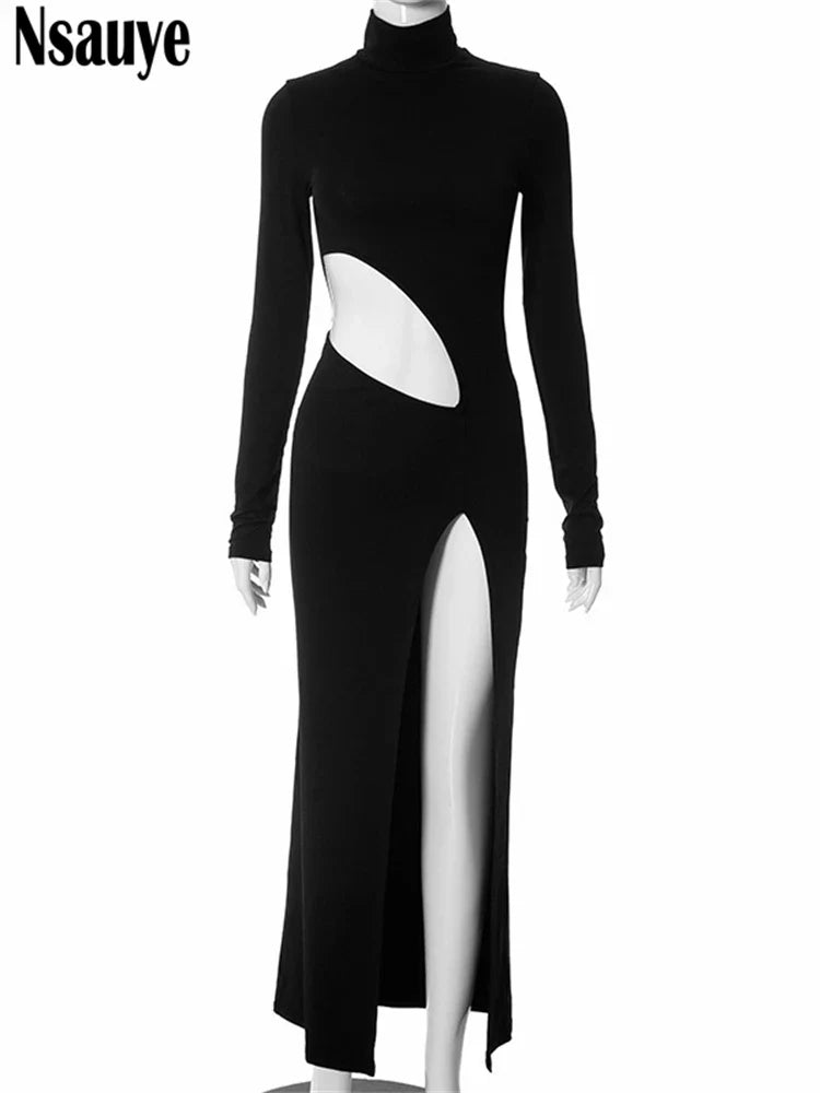 Nsauye Elegant Dress Winter  Women Turtleneck High Split Bodycon Long Fashion Sexy Hollow Out Evening Club Dress Party Night