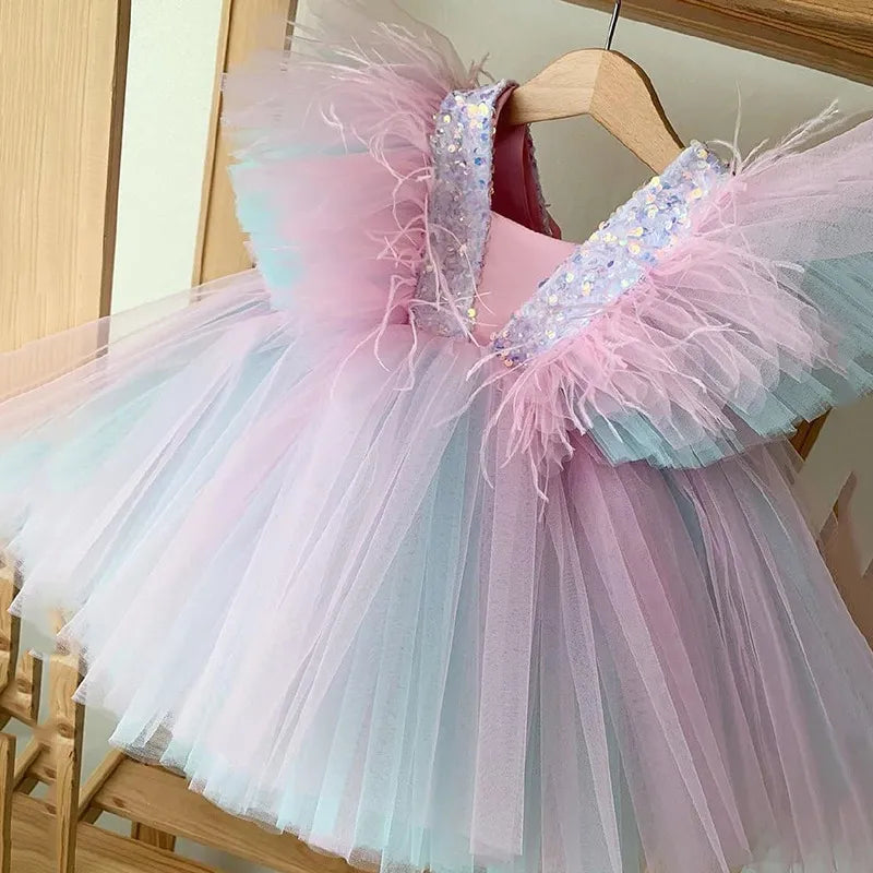Baby Girls Sequins Elegant Princess Rainbow Dress For Kids Wedding Party Ruffles Christening Gown Infant Birthday Formal Vestido