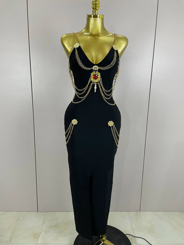 New New Black Chain Spaghetti Strap V-Neck Split Bandage Dress Bodycon Celebrity Club Party Long Dress Vestidos