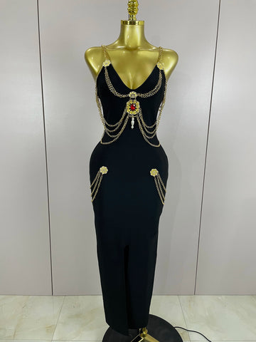 2025New New Black Chain Spaghetti Strap V-Neck Split Bandage Dress Bodycon Celebrity Club Party Long Dress Vestidos