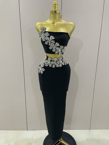 Sexy Strapless Flower Diamonds Black Maxi Long Bandage Two Piece Set 2025 Women Knitted Elegant Evening Club Party Prom Gowns