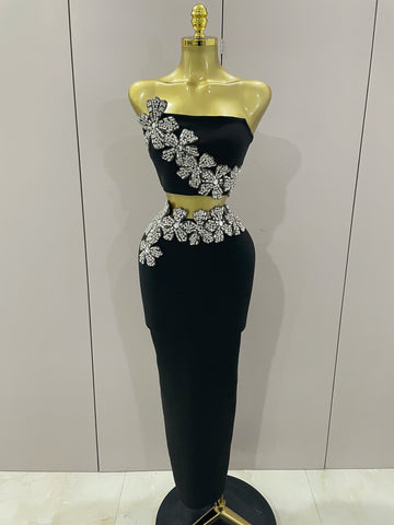 Sexy Strapless Flower Diamonds Black Maxi Long Bandage Two Piece Set  Women Knitted Elegant Evening Club Party Prom Gowns