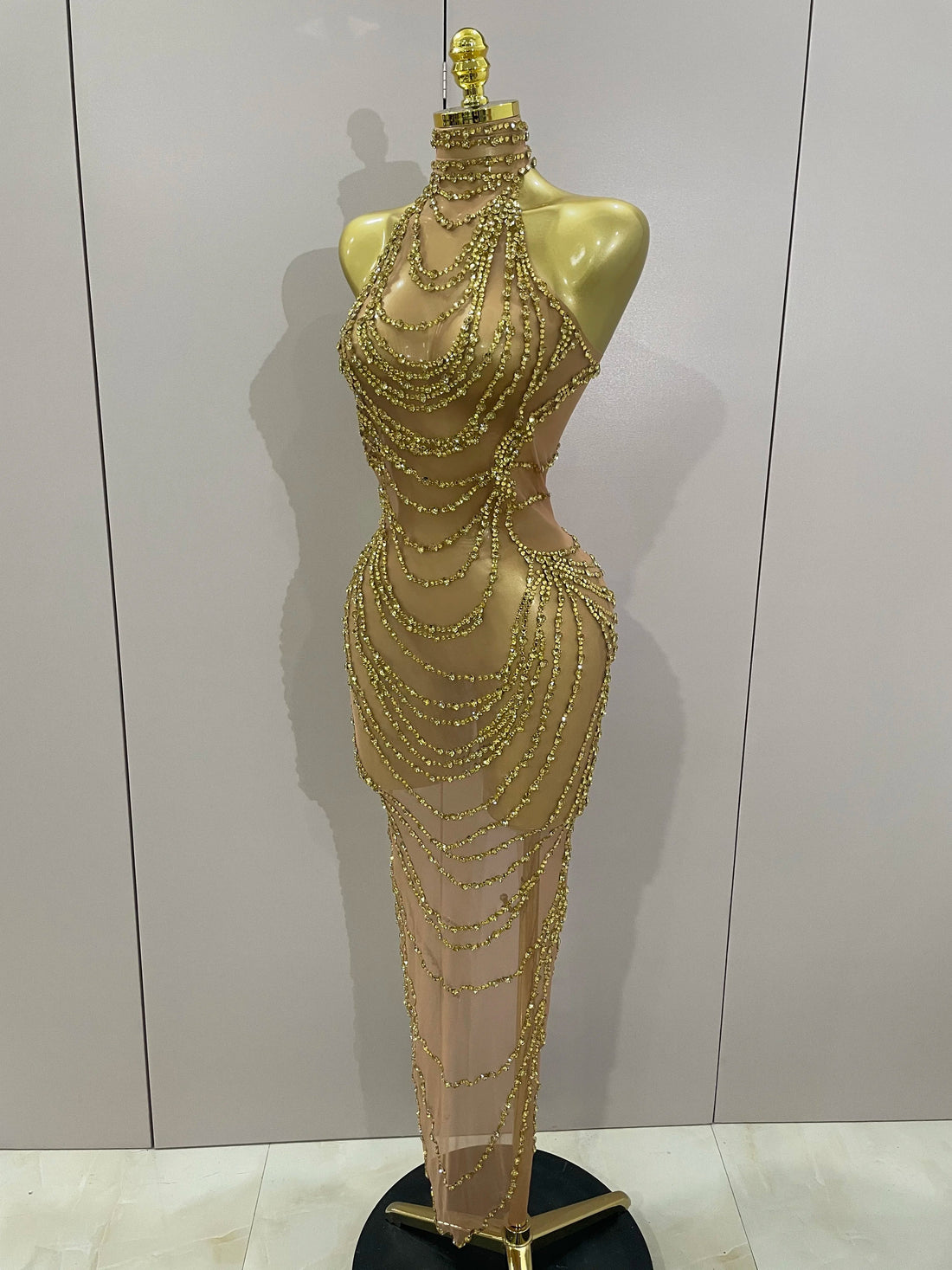 Luxury Sparkly Gold Rhinestone Sexy Transparent Mesh Long Dress  Women Birthday Party Gown Stage Singer Performance Costume