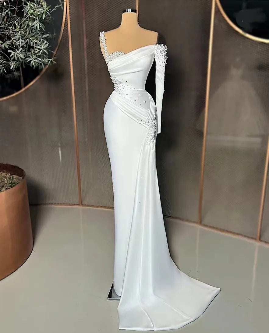 New White One Shoulder Mermaid Prom Dress Puff Long Sleeves Sweep Train Sequins Beads Formal Evening Gowns Custom