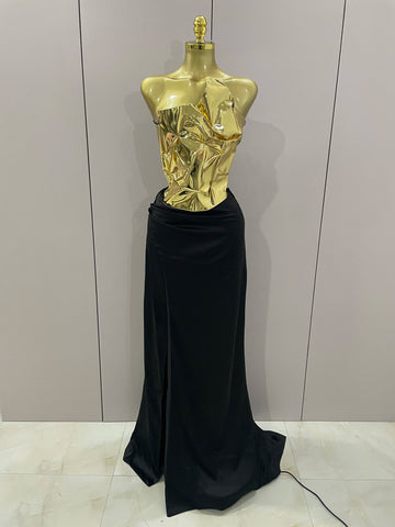 Gold Color Sexy Laced-up Tops 2 Pieces Set Long Dress Women Celebrate Evening Party Celebrity Elegant Dress