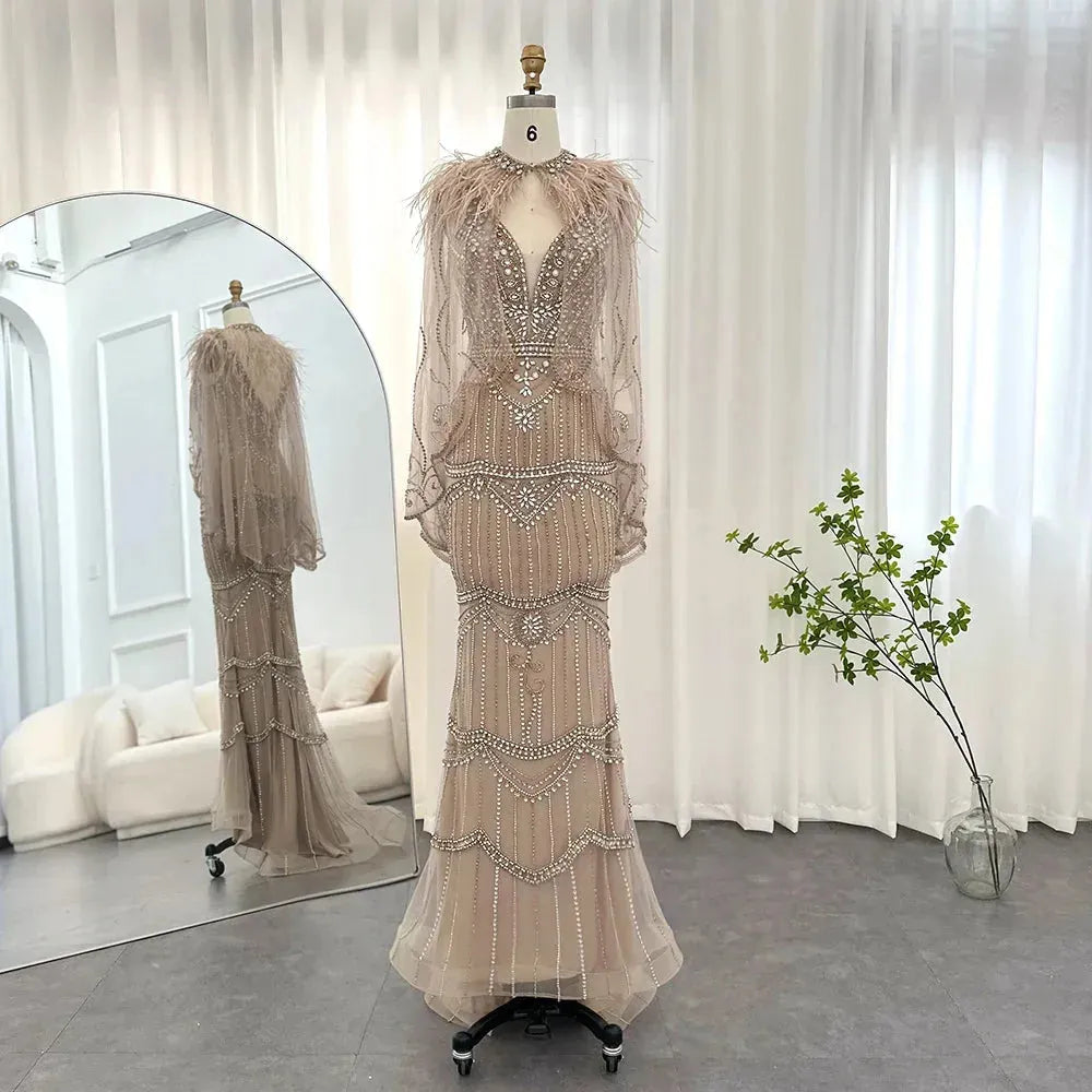 Champagne Mermaid Evening Dress with Feathers Shawl Cape Luxury Dubai Prom Dresses Long Graduation Formal Gown Champagne Evening Dress