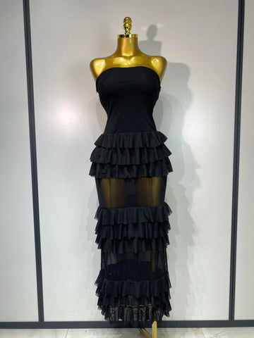 Women Sexy Strapless Ruffles Long Dress Black Backless Mesh See Through Design Dresses Evening Party Cocktail Birthday Dress