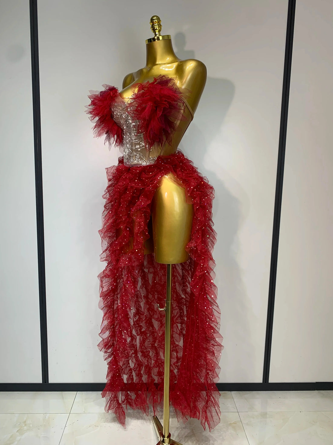 Women Sexy Strapless Mesh two Pieces Set Bodycon Long Dress High Split Nightclub Party Luxury Birthday  Singer Stage Outfit