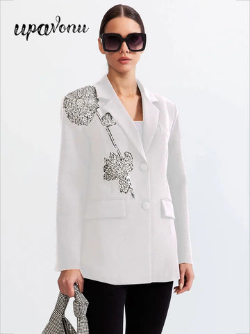 2025 Elegant Women Office OL Blazer Polo Collar Long Sleeve Slim Fit Single breasted Stereoscopic Water Diamond Flower Suit Coat