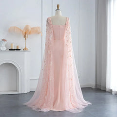 Luxury Pink 3D Flowers Dubai Evening Dress with Cape Sleeve Arabic Elegant Women Formal Gown for Wedding Party