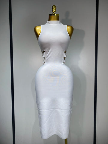 Women Sexy Turtleneck White Cut Out Midi Bodycon Bandage Dress 2025 White Elegant Evening Party Dress Luxury Birthday Dress