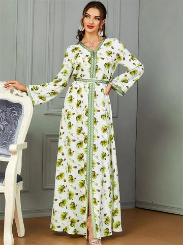 Fashion Chic Printing Casual Long Sleeve V-Neck Belted Dress Moroccan Gulf Caftan For Women Arab African Turkish Abaya Green Dress