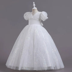 New Fashion Girls Dress Children's Long Wedding Dress Puffy Mesh Princess Bubble Sleeve Girls Birthday Party Dress