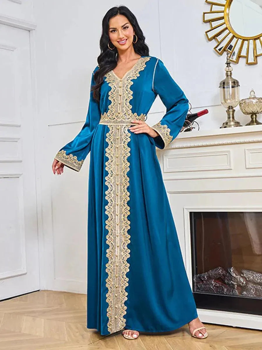 Fashion Modest Muslim Abayas Lace Tape Full Sleeve V-Neck Belted Clothing Long Dresses For Women Gala Blue Dress