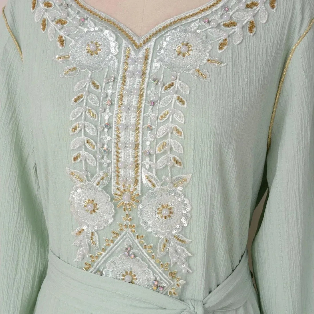 Abaya for Women Dubai Muslim Long Dress V-neck Long Sleeve Beaded Dress for Evening Party Fashion Elegant Women Clothing