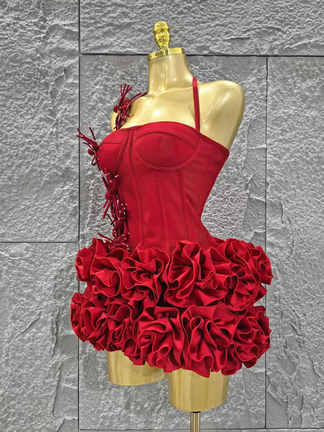 Red Color Women Sexy Halter Full Florals 2 Pieces Bodycon Mini Bandage Dress Celebrate Nightclub Party Birthday Dress