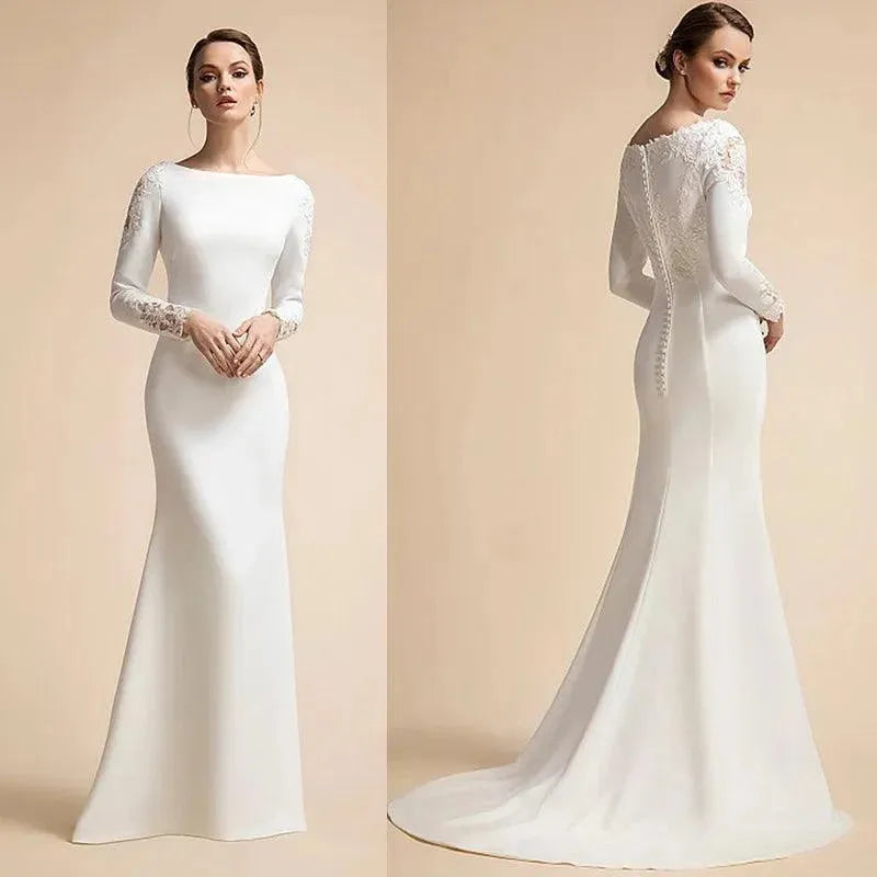Simple Mermaid Button Wedding Dresses Long Sleeves Ivory Muslim Bridal Gowns for Bride Satin Lace Vestidos De Novia White Satin