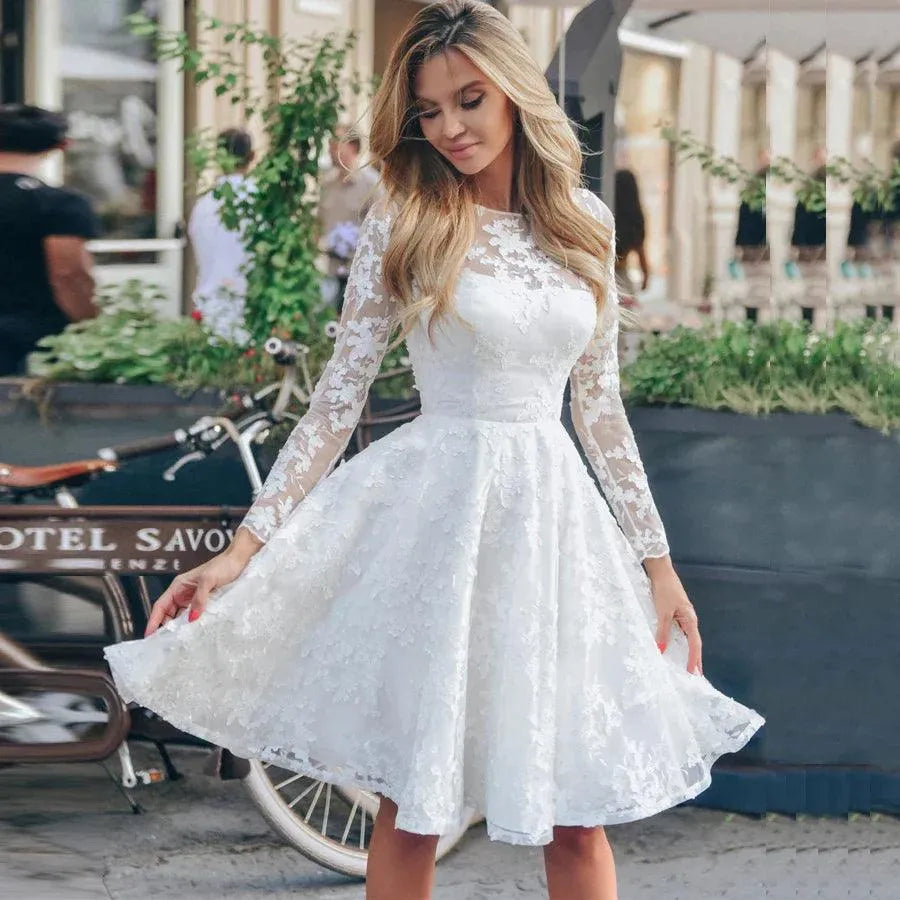 Short Wedding Dresses Custom Made Long Sleeves Flower Applique Knee A-line Lace Bridal For Women Robe De Mariee Summer 22W