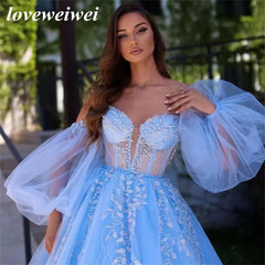 Vestido de fiesta con apliques brillantes en azul cielo, encantador, con cuentas, mangas abullonadas desmontables, vestido de baile de tul, vestido de noche estilo princesa con corsé