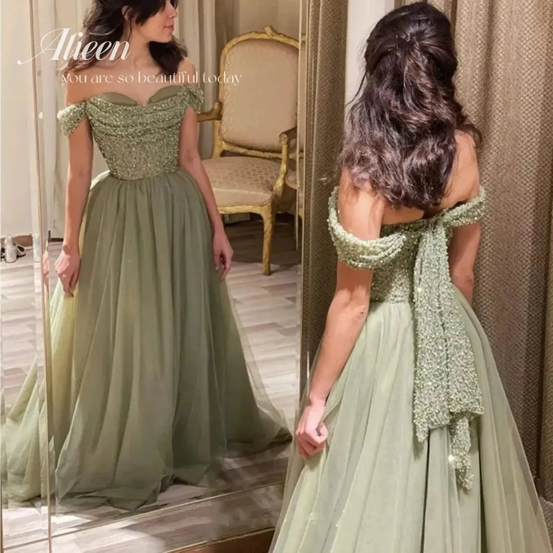 Aileen Green Prom Dress for Women A-word Handmade Sequins Luxury Woman Party Dress Party Evening Elegant Luxury Celebrity Robe green