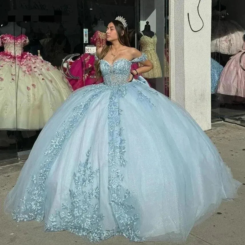 Quince Dress | Luxury Blue Quinceanera Dresses With Bow Beading Lace Appliques Vestidos De 15 Anos Formal Birthday Party Princess